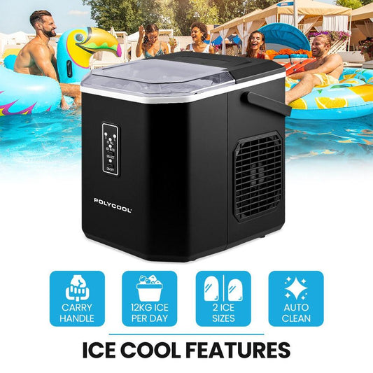 POLYCOOL Portable Ice Maker Machine, Automatic, 12kg/day, Auto Clean, with Scoop and Removable Basket, Black.