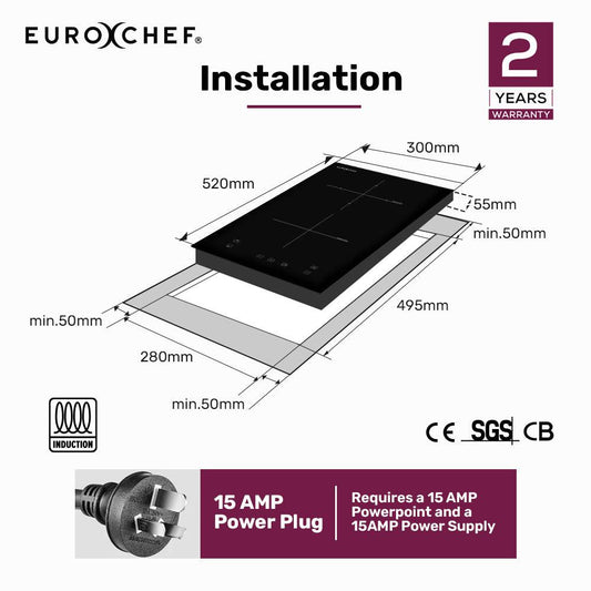 EuroChef 30cm 2 Zone Induction Cooktop, 3300W Electric, Touch Controls.