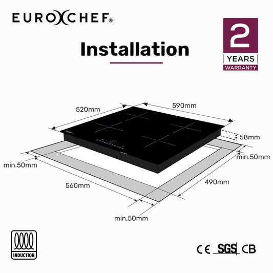 EuroChef 60cm 4 Zone Induction Cooktop, 6800W Electric, Touch Controls.