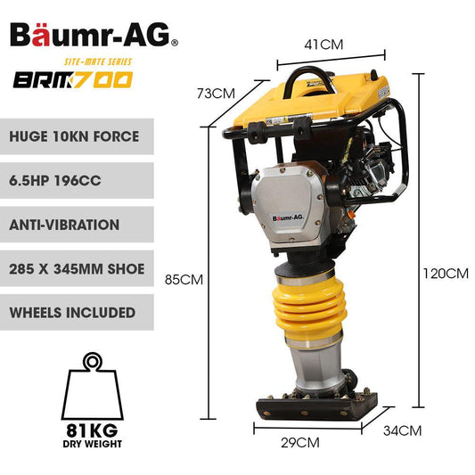 BAUMR-AG 77KG 285 x 345mm Tamping Rammer, 10kN 6.5hp, w/ Transport Wheel Kit, Compactor for Soil Sand Gravel Asphalt - BRM-700.