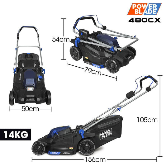 POWERBLADE 480CX 40V 17" Cordless Lawn Mower Kit, Fast Charger, 2 x 4Ah Batteries, 6 Stage Height, Brushless Electric, 430mm Cutting Path.