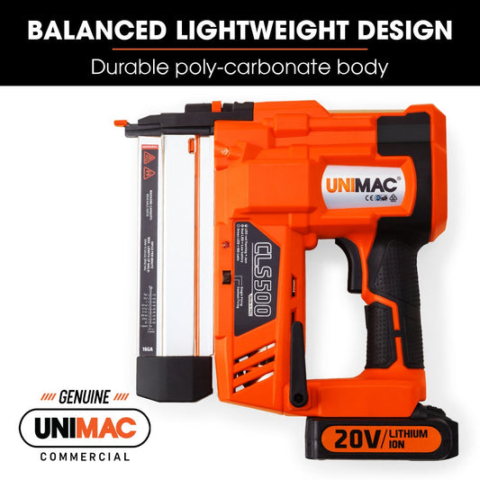 UNIMAC CLS500 15-50mm 18ga 2-in-1 Stapler/Brad Nail Gun, Cordless 20V Lithium Nailer.