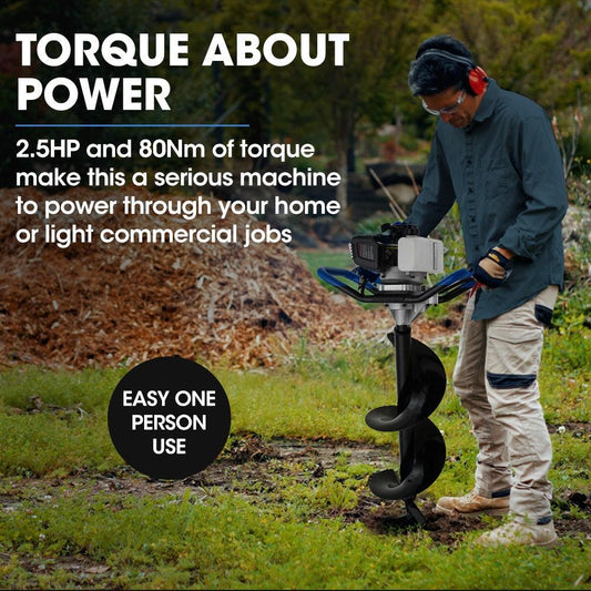 POWERBLADE PD950 52cc 2-Stroke Petrol Post Hole Digger, w/ 3 Auger bits, 600mm Extension Shaft.