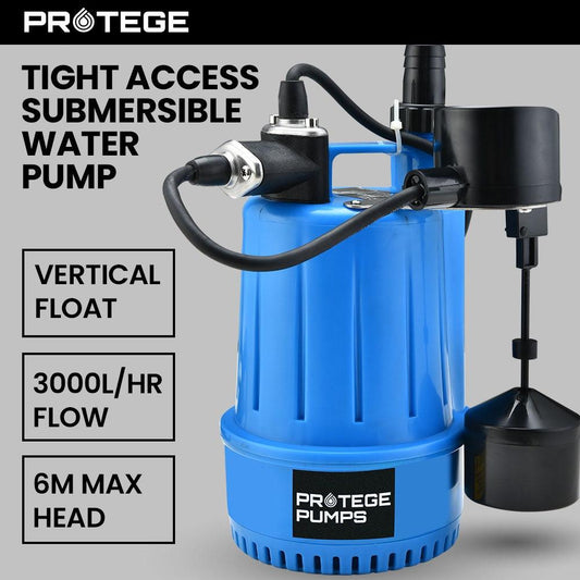 PROTEGE Tight Access Clean/Grey Water Submersible Sump Pump, Vertical Float Switch.