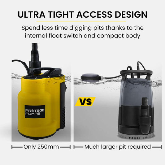 PROTEGE Tight Access Clean/Grey Water Submersible Sump Pump, Integrated Float Switch.