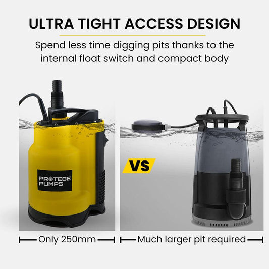 PROTEGE Tight Access Dirty Water Submersible Sump Pump, Integrated Float Switch.