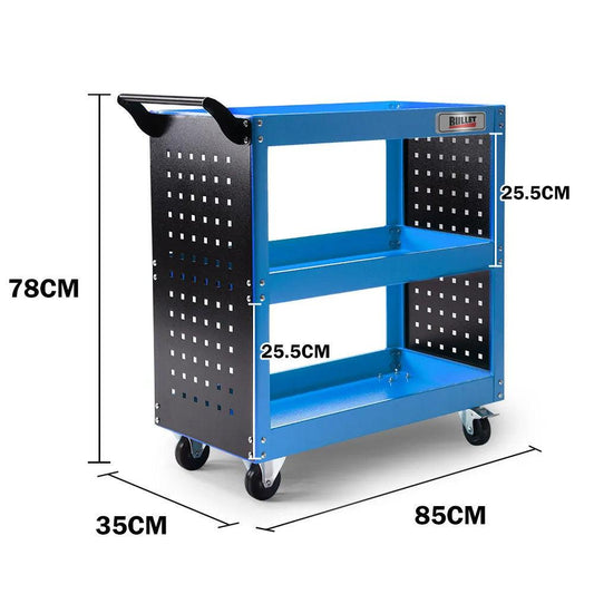 Bullet 3-Tier Steel Tool Trolley Cart, for Workshop, Mechanic, with Pegboard, Screwdriver Bay, Blue.