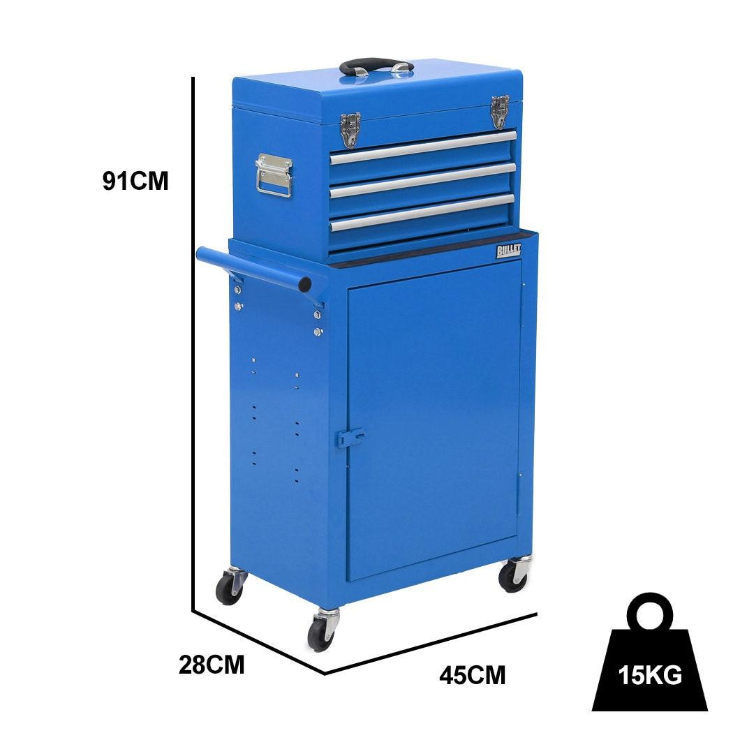 Bullet Pro 3 Drawer Tool Box Cabinet Trolley Storage, with 1-Door Toolbox Garage Organiser Set, Blue.