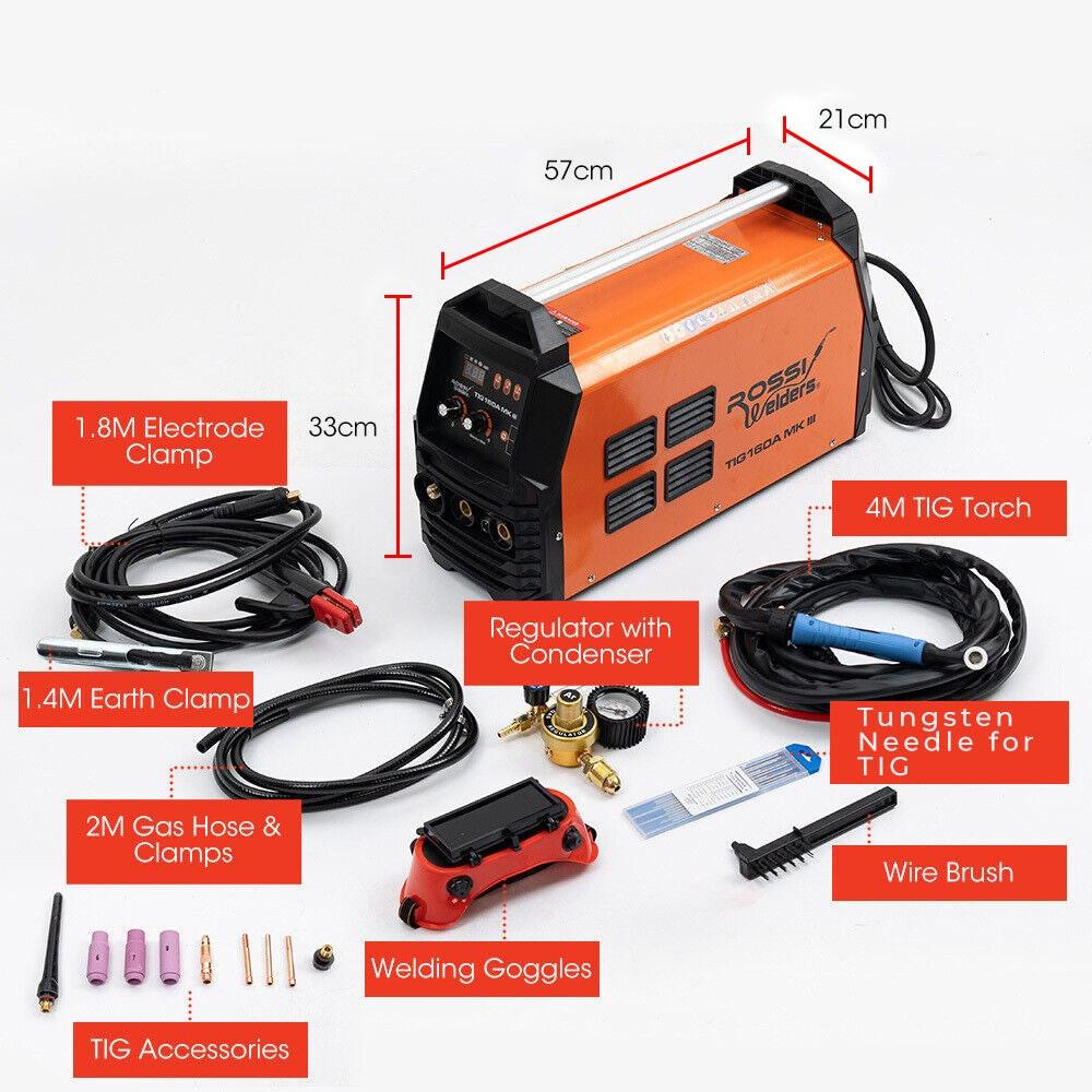 ROSSI 160 Amp AC DC TIG MMA ARC Stick Inverter Welder, Ideal for Aluminium and Copper Welding, 15A Plug.