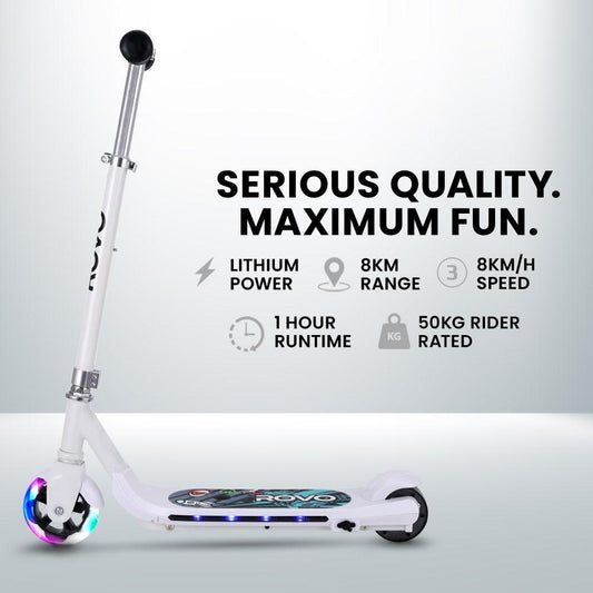 ROVO KIDS WhizKid Electric Scooter, Ages 5-11, Adjustable Height, AU Compliant, Lithium Battery, Brushless Motor, White.
