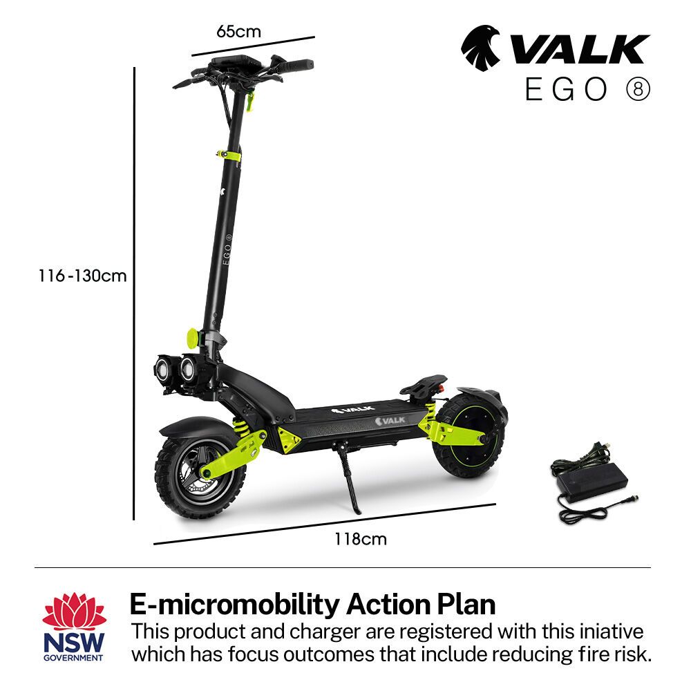 VALK Ego 8 Electric Scooter, 45km/h Max, AU Compliant, 48V 13Ah, Up to 55km Range, eScooter for Adults, Foldable, Off Road, Black/Green