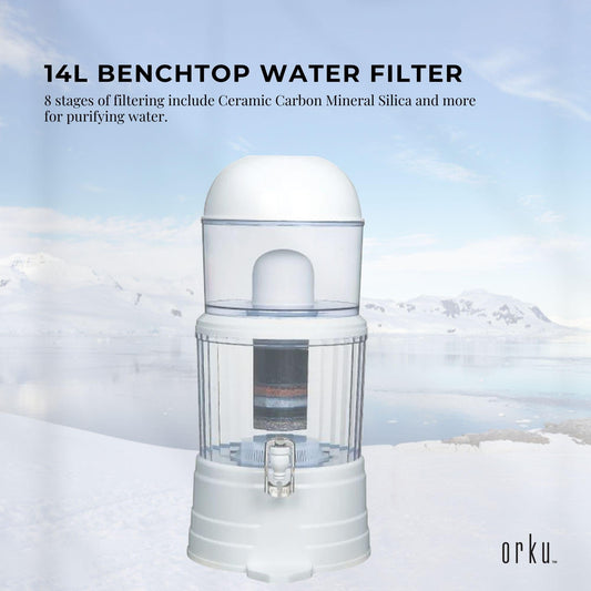 14L Benchtop 8 Stage Water Filter - Ceramic Carbon Mineral Stone Silica Purifier.
