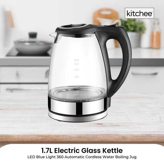 1.7L Electric Glass Kettle LED Blue Light 360 Automatic Cordless Water Boiling Jug.
