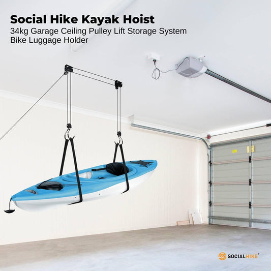 Social Hike Kayak Hoist - 34kg Garage Ceiling Pulley Lift for Kayak Bike Storage.