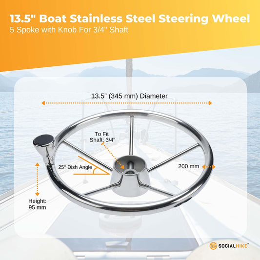 13.5" Boat Stainless Steel Steering Wheel - 5 Spoke with Knob For 3/4" Shaft.
