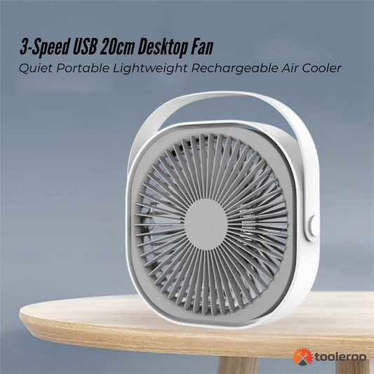 3-Speed USB 20cm Desktop Fan - Quiet Portable Lightweight Rechargeable Cooler.