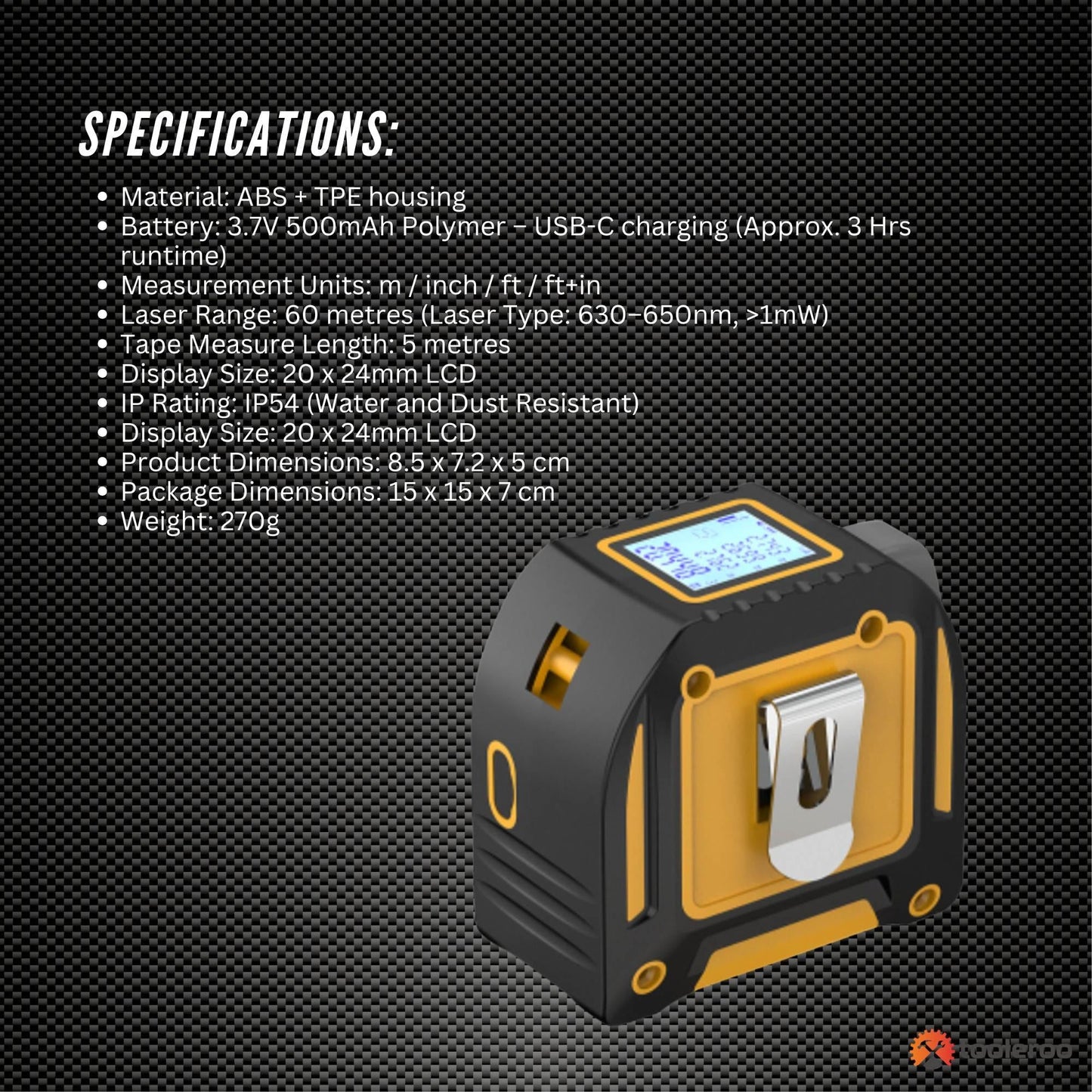 Tooleroo 60m Digital Laser Tape Measure + 5m Steel Tape â 3-in-1 Cross Marking.