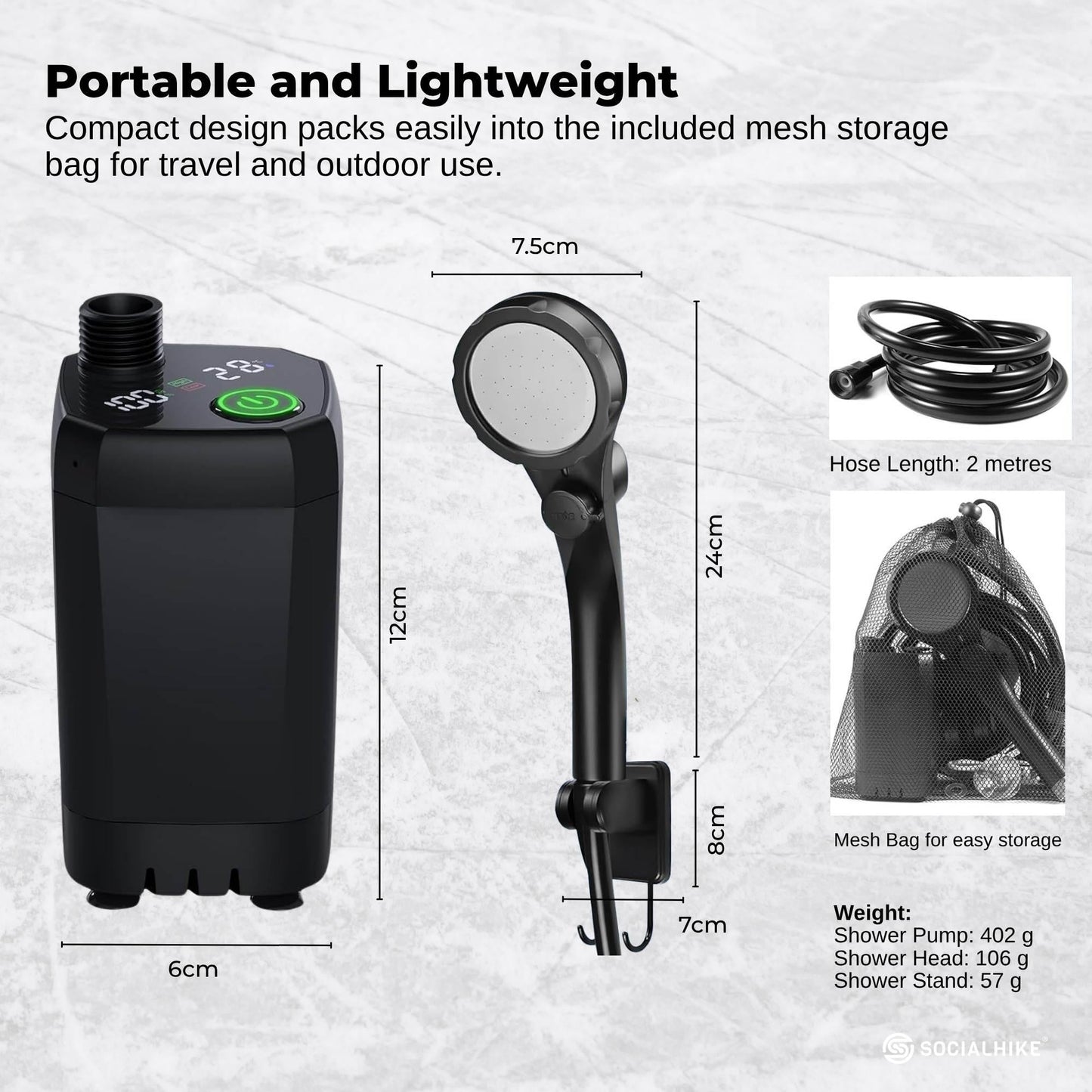 Social Hike Portable Camping Shower Kit - 6000MAh Outdoor Rechargeable Pump LED.