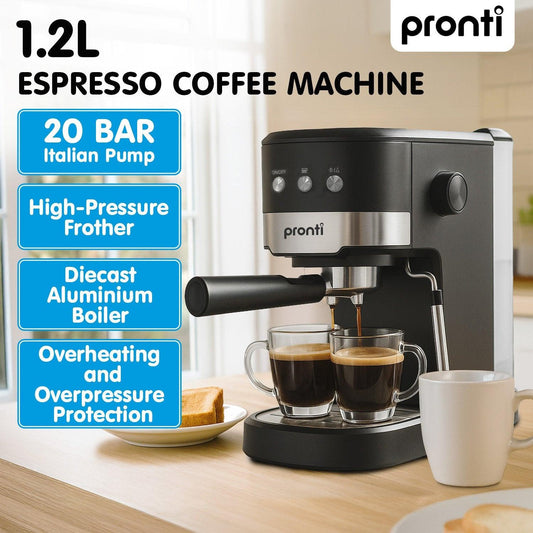 Pronti CM-850D Coffee Machine 20 Bar Espresso Maker with Milk Frother and 1.25L Tank.