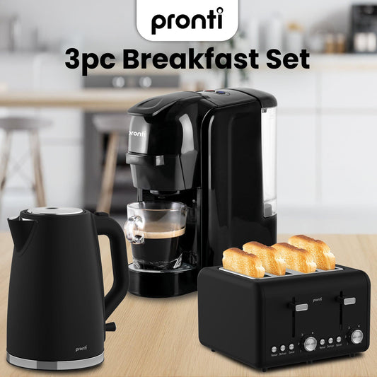 Pronti Breakfast Set with HomeMaid Coffee Machine, Silver Noir Toaster & Kettle.