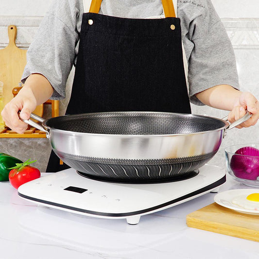 Double Ear 304 Stainless Steel 38cm Non-Stick Stir Fry Cooking Kitchen Wok Pan with Lid Honeycomb Double Sided.