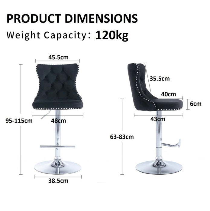 SERENITà Black Velvet Bar Stools Adjustable Swivel Counter Height Chairs with Tufted Back and Nailhead Trim for Kitchen Island Pub Restaurant (2Pcs, Chrome Metal)