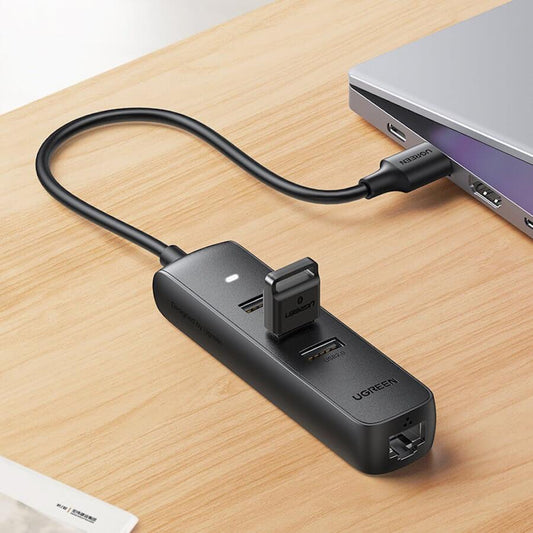 UGREEN 20984 USB 2.0 to 3 x USB2.0 with RJ45 (100Mbps) Ethernet Adapter (Black).