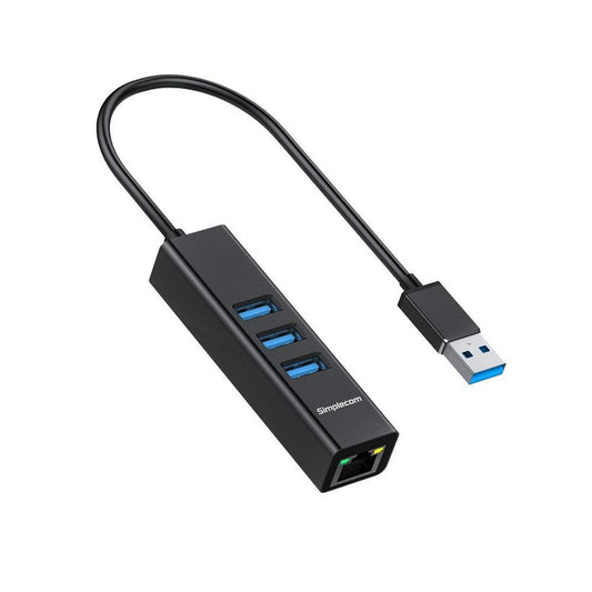 Simplecom CHN420 Aluminium 3 Port SuperSpeed USB HUB with Gigabit Ethernet Adapter Black.