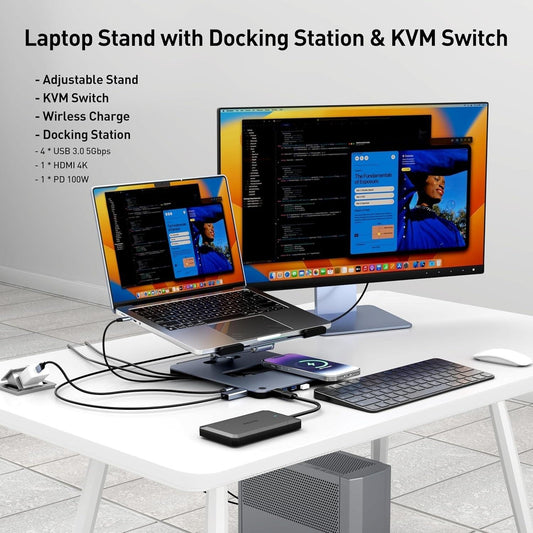 BENFEI 000366GY Laptop Stand with USB C Hub, Multi Function With USB and KVM Switch and 15W Wireless Charger.