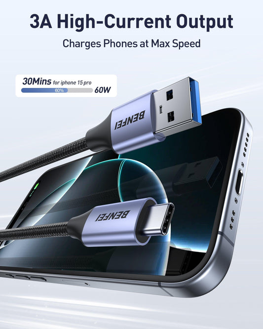BENFEI 369GY 3M USB 3.0 to USB C Cable, 5Gbps High-Speed Data Sync & 3A Charging.