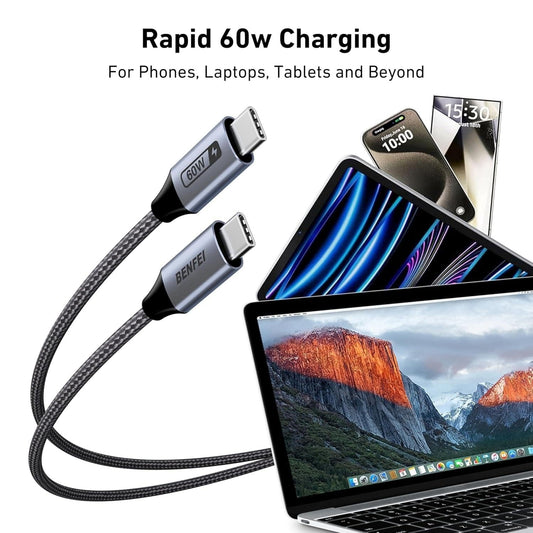 BENFEI 000382GY-4P USB C Fast Charging 60W Cable, 4-Pack(3.3ft/1M x 2 + /6.6ft/2M x 2) Nylon Braided Cable for I-phone 15/16/17 and Samsung / Google phone..