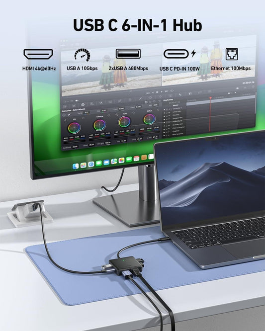 BENFEI 399BK 6-in-1 USB-C HUB to HDMI(8K)+USB3.2(10Gbps)+USB2.0x2+PD100W+RJ45 Black.