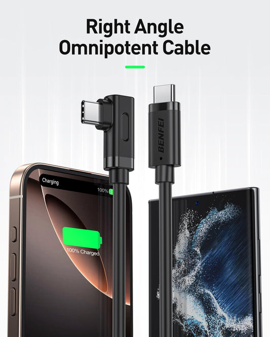 BENFEI 428BK-2M USB C to Right Angle USB C Cable , 90-dgree Angled USB 2.0 Type C Charger Cable, 3A Fast Charging & 480Mbps Data Sync, Durable PVC.