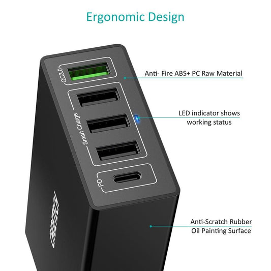 CHOETECH Q34U2Q 5-Port 60W PD Charger with 30W Power Delivery and 18W Quick Charge 3.0.