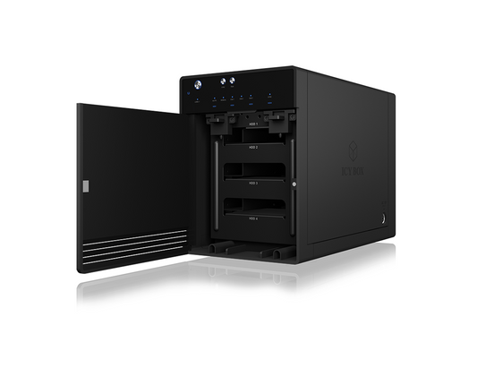 ICY BOX SINGLE enclosure for 4x HDD/SSD with USB 3.1 (Gen 2) Type-C interface and fan.