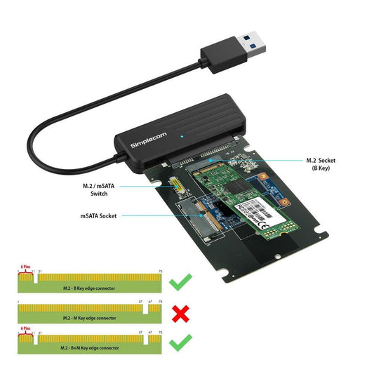 Simplecom SA225 USB3.0 to mSATA + M.2 (NGFF B Key) 2 In 1 Combo Adapter.