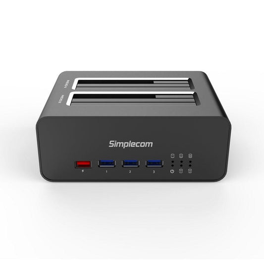 Simplecom SD352 USB 3.0 to Dual SATA Aluminium Docking Station with 3-Port Hub and 1 Port 2.1A USB Charger.
