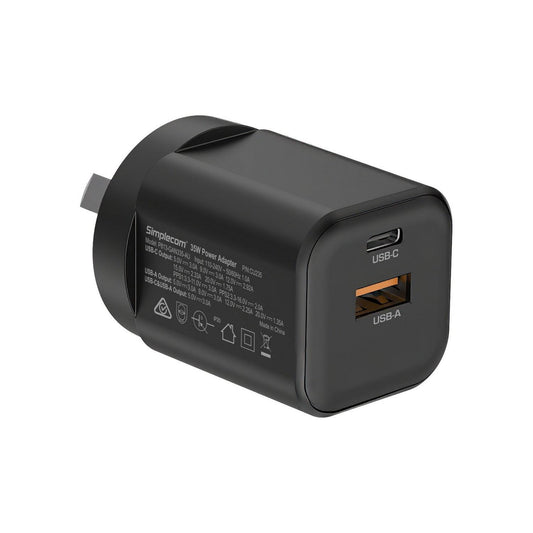 Simplecom CU235 Dual Port PD 35W Fast Wall Charger USB-C + USB-A for Phone Tablet.