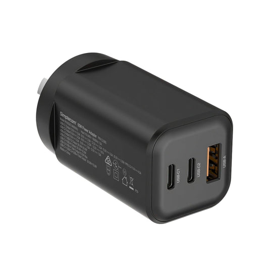 Simplecom CU365 3-Port PD 65W GaN Wall Charger Dual USB-C + USB-A for Phone Laptop.