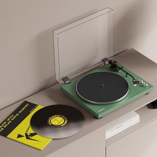 Kanto OBI3 Turntable - Matte Green with Kanto ORA 100W Powered Speakers - Black Bundle.
