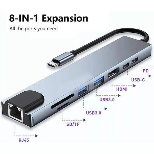 8in1 Hub USB-C To Type-C USB 3.0 4K HDMI RJ45 Ethernet SD TF OTG PD Port Adapter.