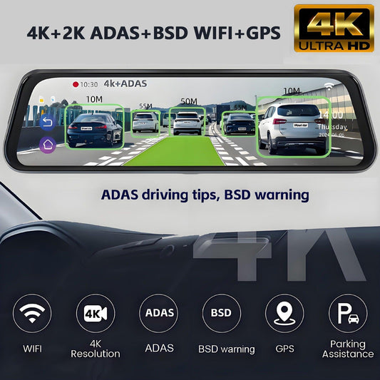 10â 4K Mirror Dash Cam, 2K Rear Camera, WiFi GPS ADAS BSD, Stream Media, 64GB Included.
