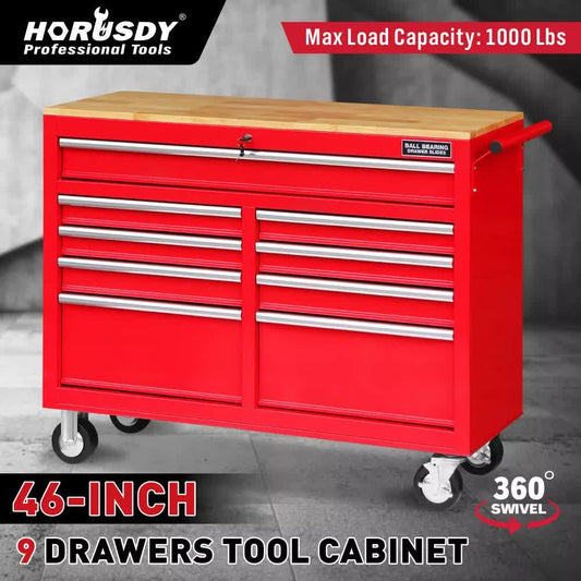 9 Drawers Tool Box Chest Cabinet Trolley Box Garage Storage Toolbox Red 1000lbs.