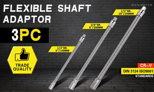 3PC Flexible Socket Extension Bars Shaft Set 1/2" 1/4" 3/8" Drive 10" 8" 6" Long.