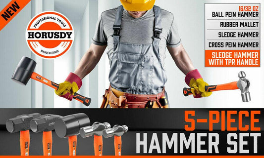 5Pc Hammer Set Rubber / Ball Pein / Sledge / Cross Pein Mallet TPR Grip Handle.