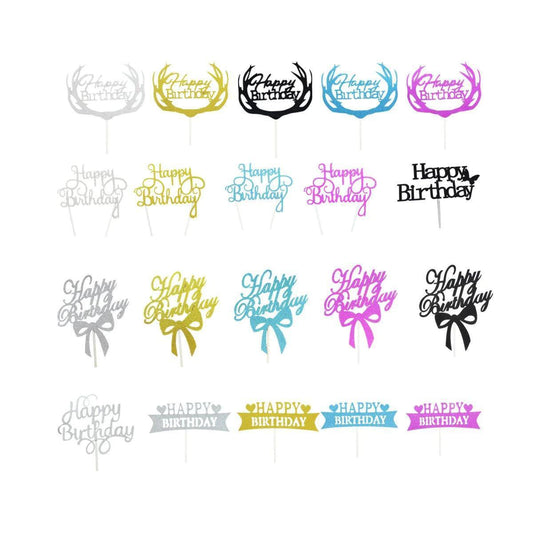 Happy Birthday Cake Topper Colour Printed Acrylic Party Decorations - Gold-Bowknot