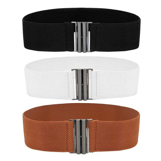 Women Elastic Waist Belt Stretch Cinch Wide Band with Metal Buckle for Dress 3Colours - Brown