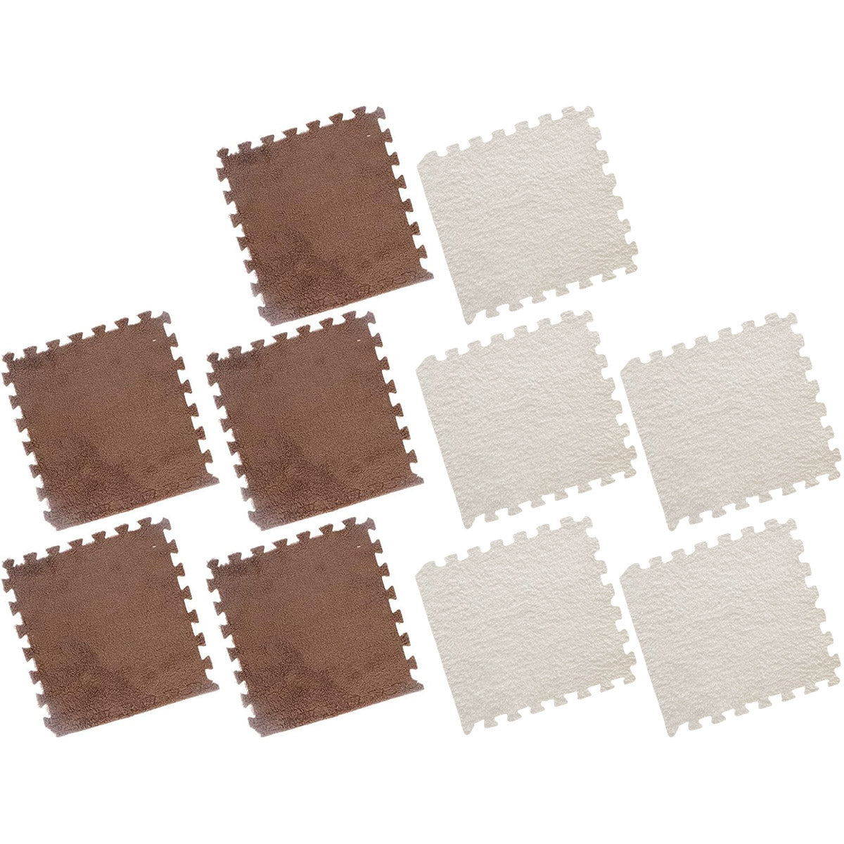 Foam Floor Mats Set 10PCS Shaggy Interlocking Tiles Soft for Kids Room Play Area - Camel-White