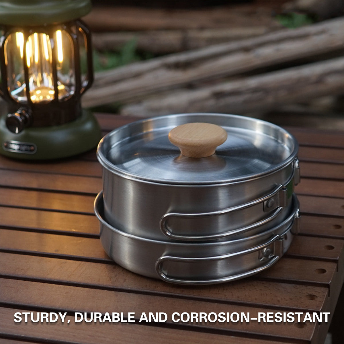 2PCS 304 Stainless Steel Camping Pot and Pan Set With Folding Handles Outdoor.