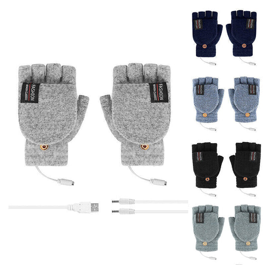 USB Heated Half Finger Gloves Winter Warm Knitted Gloves for Typing and Office Use - Green